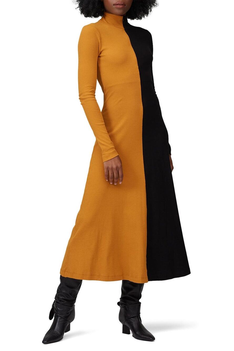ROSETTA GETTY Black Tan Two Tone Cotton Jersey Colorblock Turtleneck Dress sz M